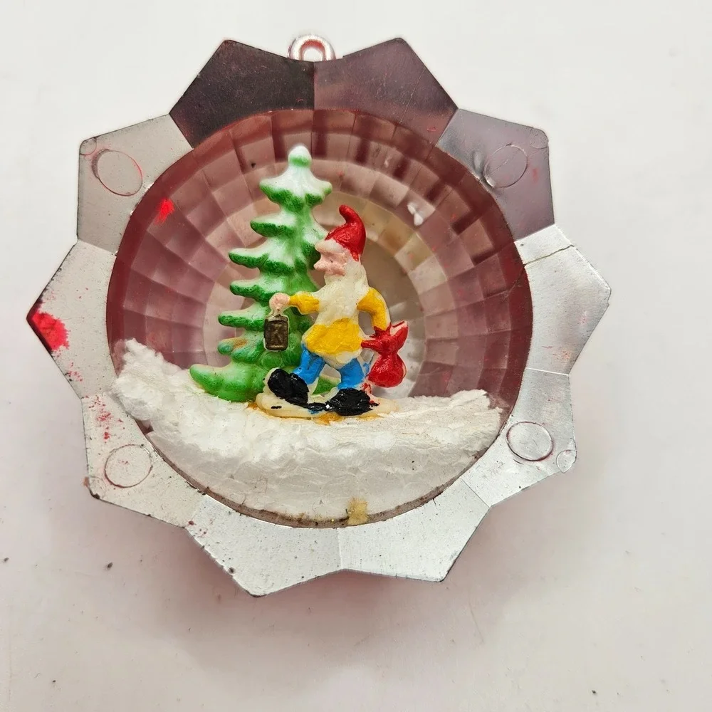 Vintage Red Plastic Diorama Christmas Ornament‎ Elf Tree Lantern
